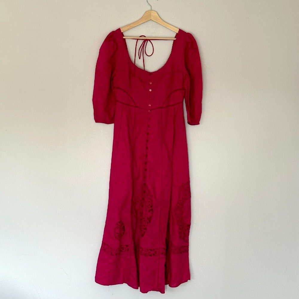 Free People Lisa Embroidered Lace Midi Dress Size S Pink Puff Sleeves Boho BNWT - Picture 2 of 16